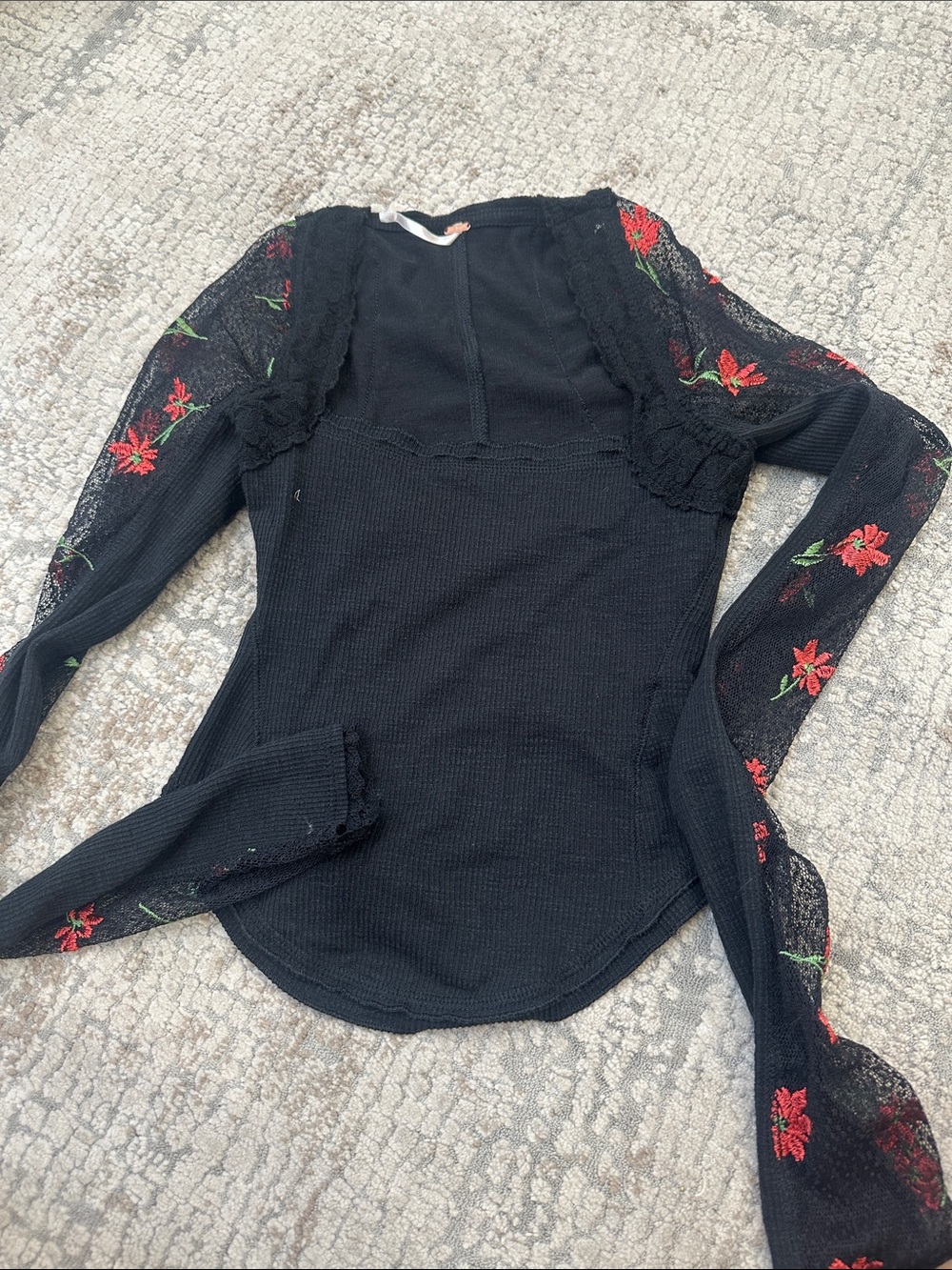 Free People Black Long Sleeve Top with Red Floral Embroidery